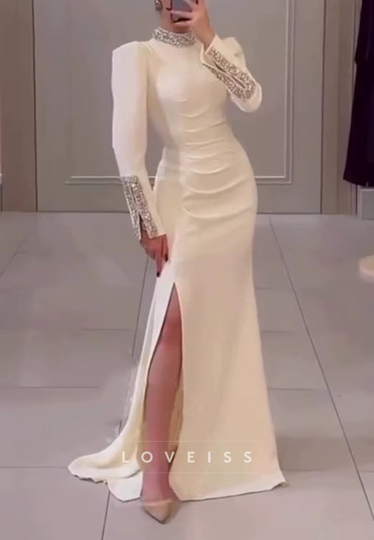 High Neck Long Sleeves Beaded Side Slit Sheath Evening Dress