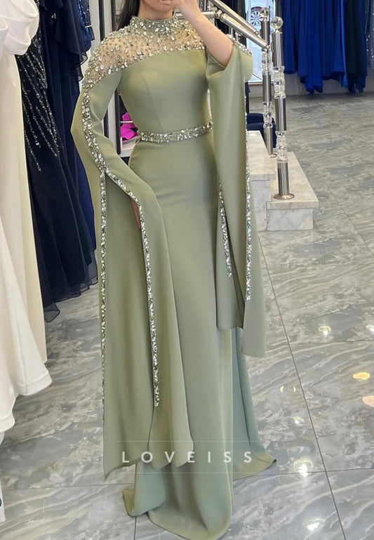 High Neck Long Sleeves Beaded Sleek Evening Dress Sheath Mother of Bride Dress