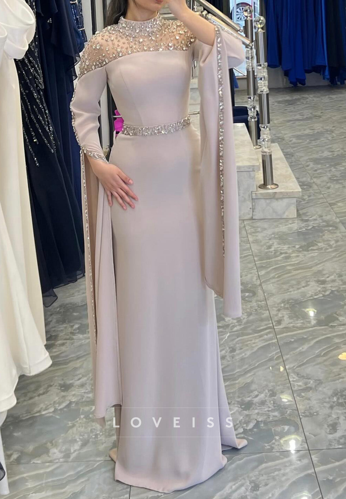 High Neck Long Sleeves Beaded Sleek Evening Dress Sheath Mother of Bride Dress