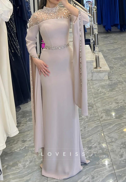 High Neck Long Sleeves Beaded Sleek Evening Dress Sheath Mother of Bride Dress