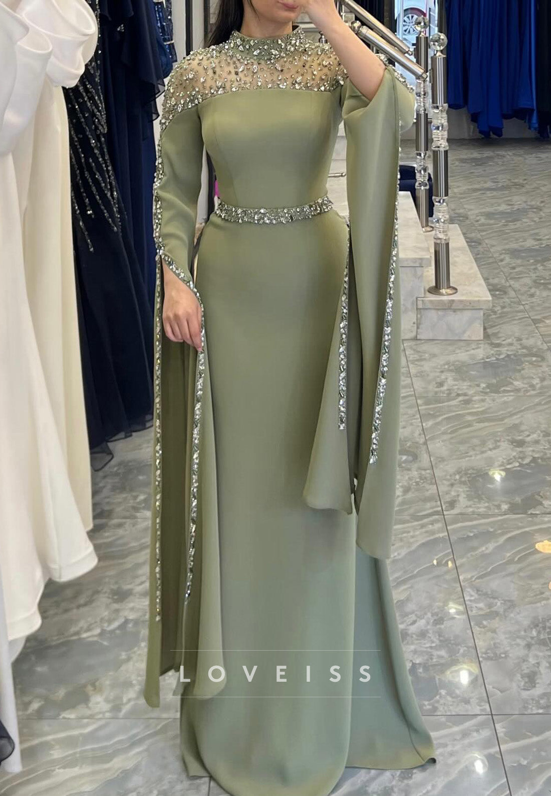 High Neck Long Sleeves Beaded Sleek Evening Dress Sheath Mother of Bride Dress