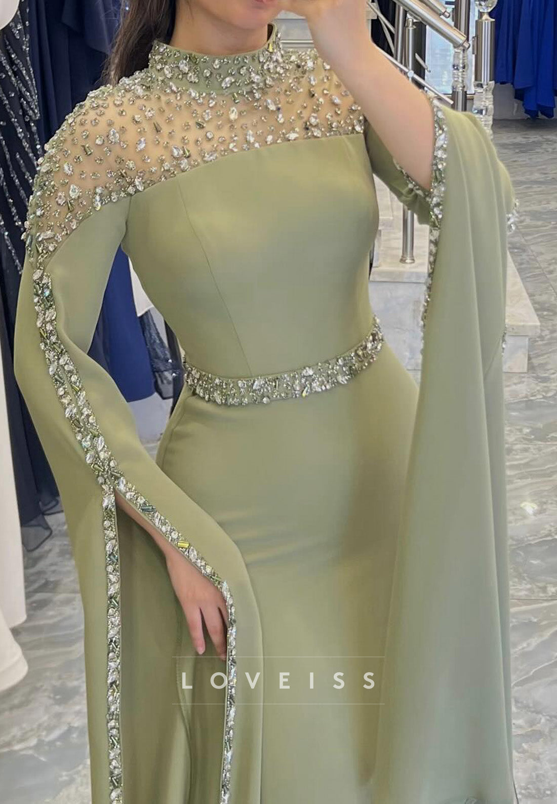 High Neck Long Sleeves Beaded Sleek Evening Dress Sheath Mother of Bride Dress