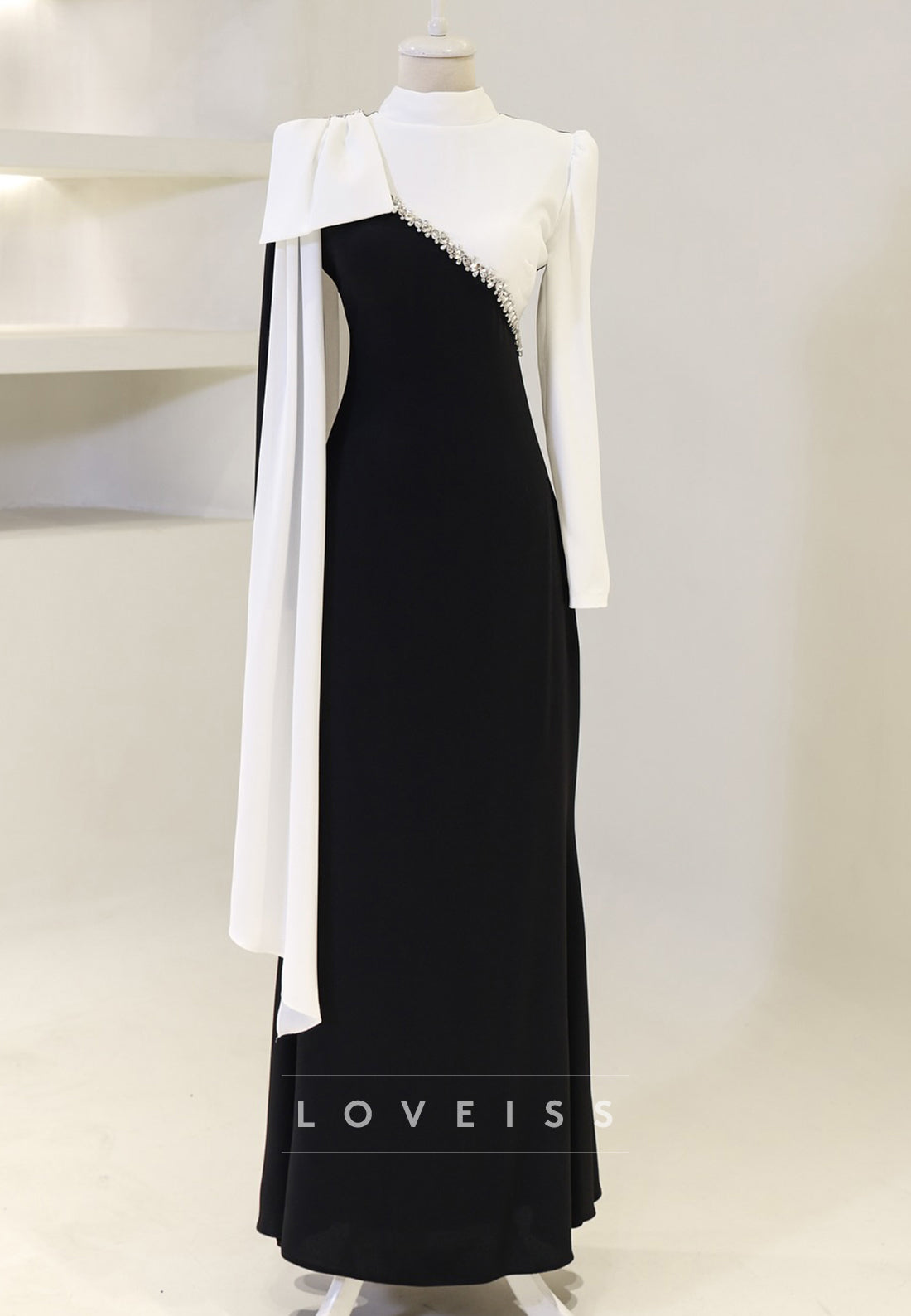 High Neck Long Sleeves Bow Beaded Sheath Mother of Bride Dress