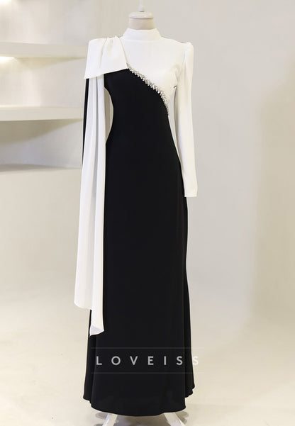 High Neck Long Sleeves Bow Beaded Sheath Mother of Bride Dress