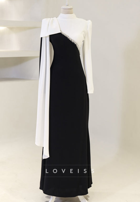 High Neck Long Sleeves Bow Beaded Sheath Mother of Bride Dress