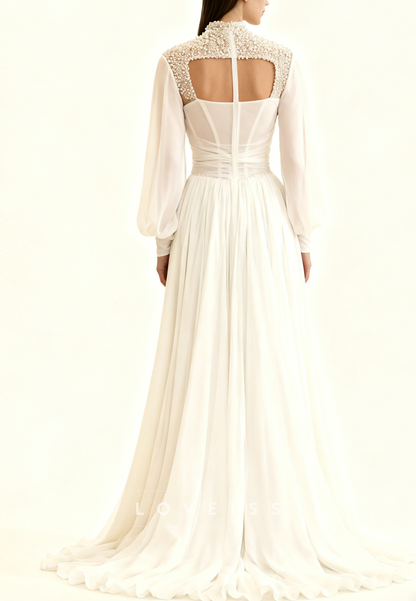 High Neck Long Sleeves Chiffon Beaded A-Line Wedding Dress