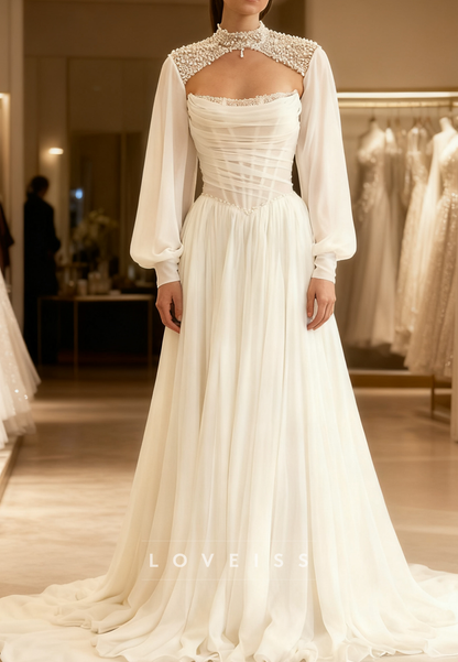 High Neck Long Sleeves Chiffon Beaded A-Line Wedding Dress
