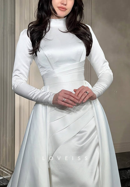High Neck Long Sleeves Detachable Train Sheath Wedding Dress