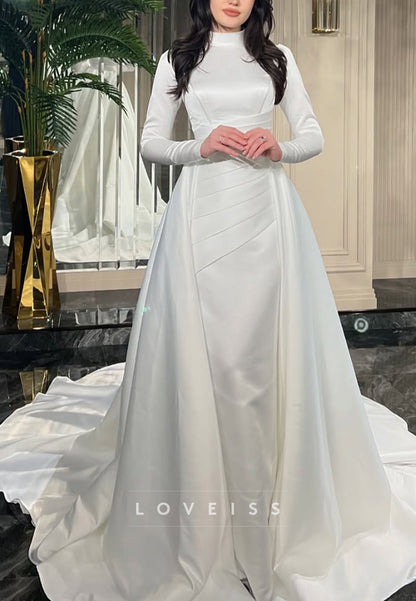 High Neck Long Sleeves Detachable Train Sheath Wedding Dress