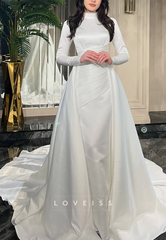 High Neck Long Sleeves Detachable Train Sheath Wedding Dress