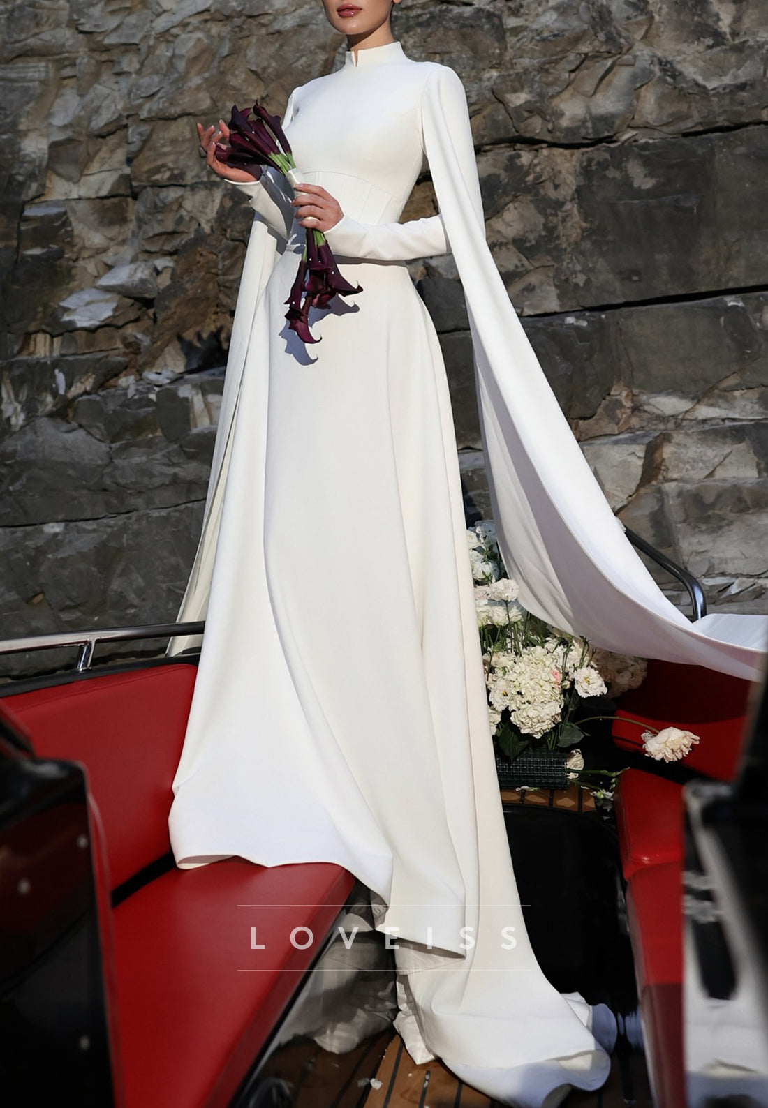 High Neck Long Sleeves Empire Waistt A-Line Simple Wedding Dress