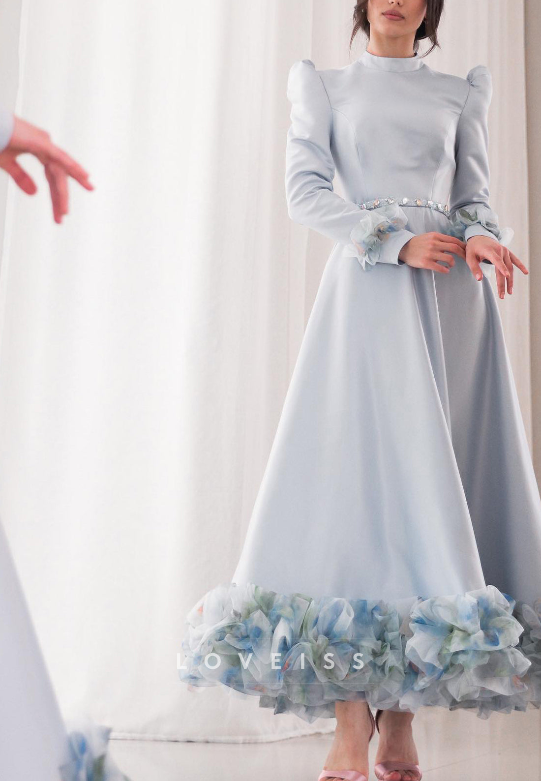 High Neck Long Sleeves Floral Embellished A-Line Mother of Bride Dress