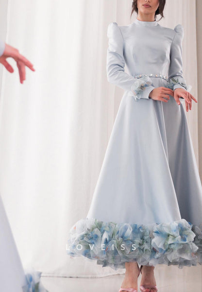 High Neck Long Sleeves Floral Embellished A-Line Mother of Bride Dress