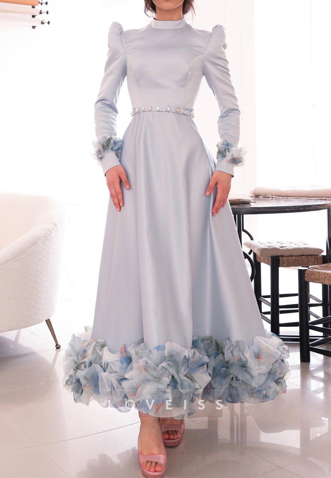 High Neck Long Sleeves Floral Embellished A-Line Mother of Bride Dress