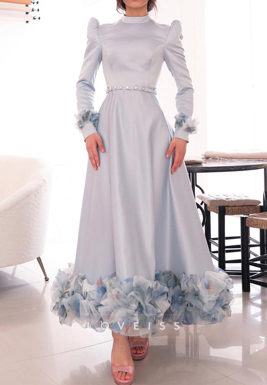 High Neck Long Sleeves Floral Embellished A-Line Mother of Bride Dress