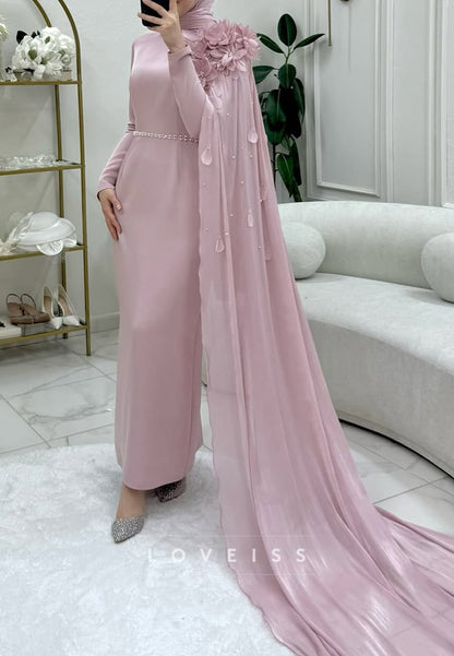High Neck Long Sleeves Floral Sheath Mother of Bride Dress