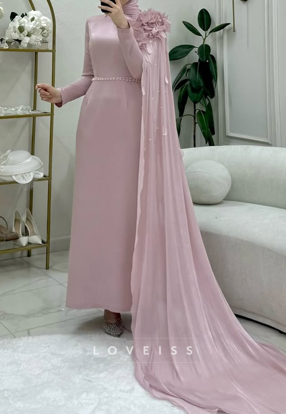 High Neck Long Sleeves Floral Sheath Mother of Bride Dress