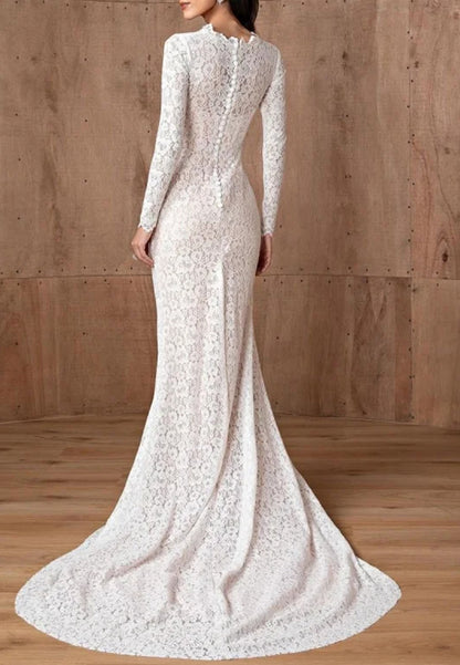 High Neck Long Sleeves Full Appliques Mermaid Wedding Dress