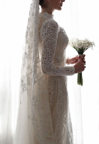 High Neck Long Sleeves Full Lace Appliques Mermaid Wedding Dress