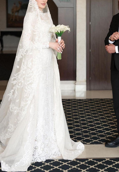 High Neck Long Sleeves Full Lace Appliques Mermaid Wedding Dress