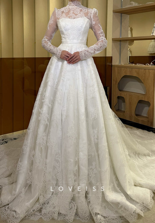High Neck Long Sleeves Lace Appliques A-Line Wedding Dress