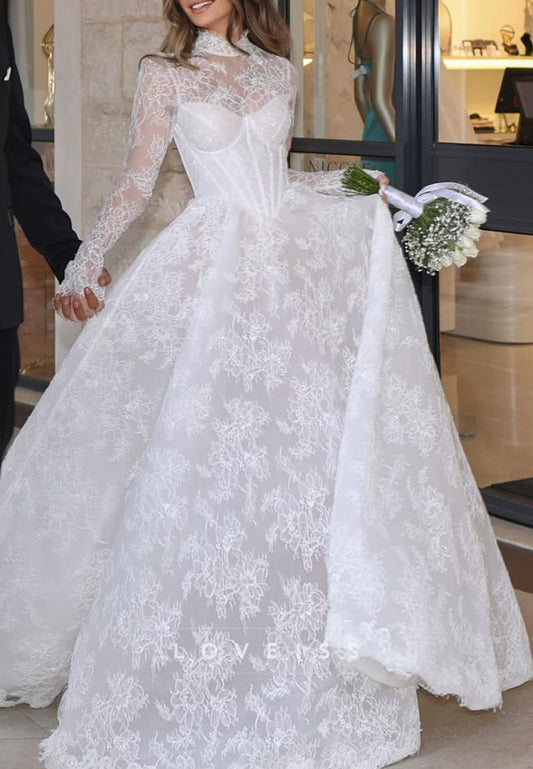 High Neck Long Sleeves Lace Appliques A-Line Wedding Dress