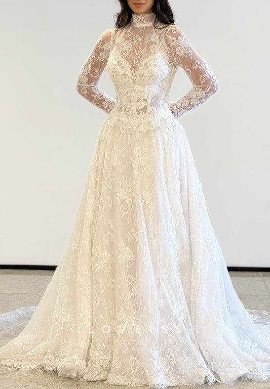 High Neck Long Sleeves Lace Appliques A-Line Wedding Dress