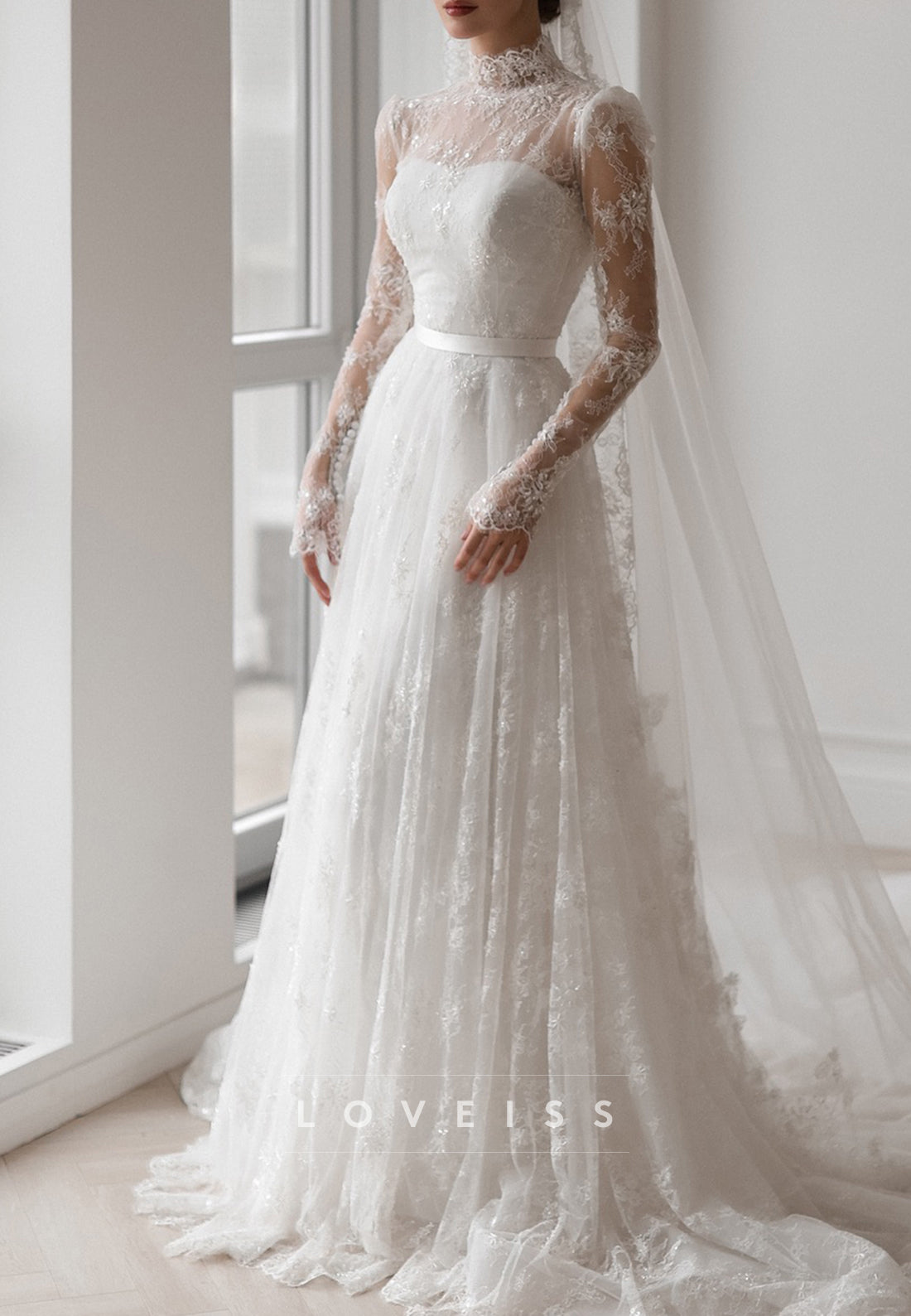 High Neck Long Sleeves Lace Appliques A-Line Wedding Dress
