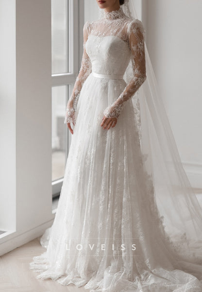 High Neck Long Sleeves Lace Appliques A-Line Wedding Dress