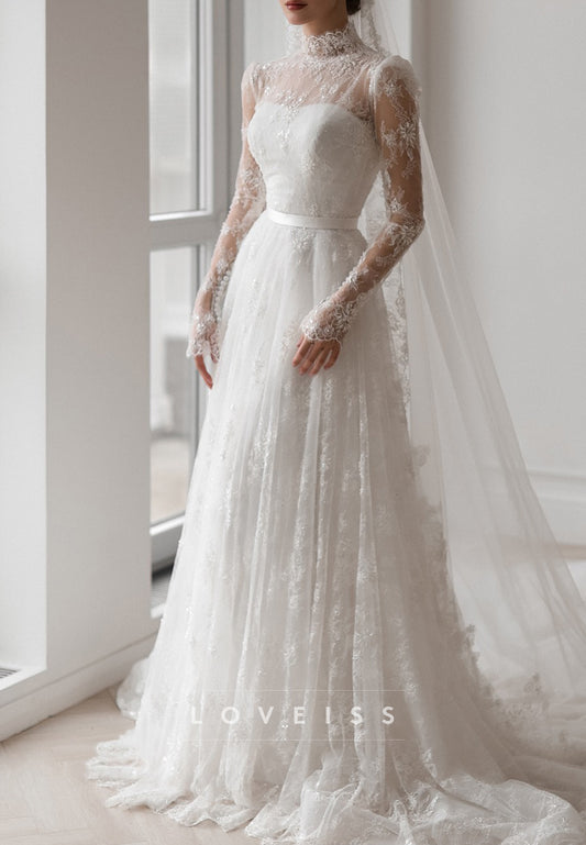 High Neck Long Sleeves Lace Appliques A-Line Wedding Dress