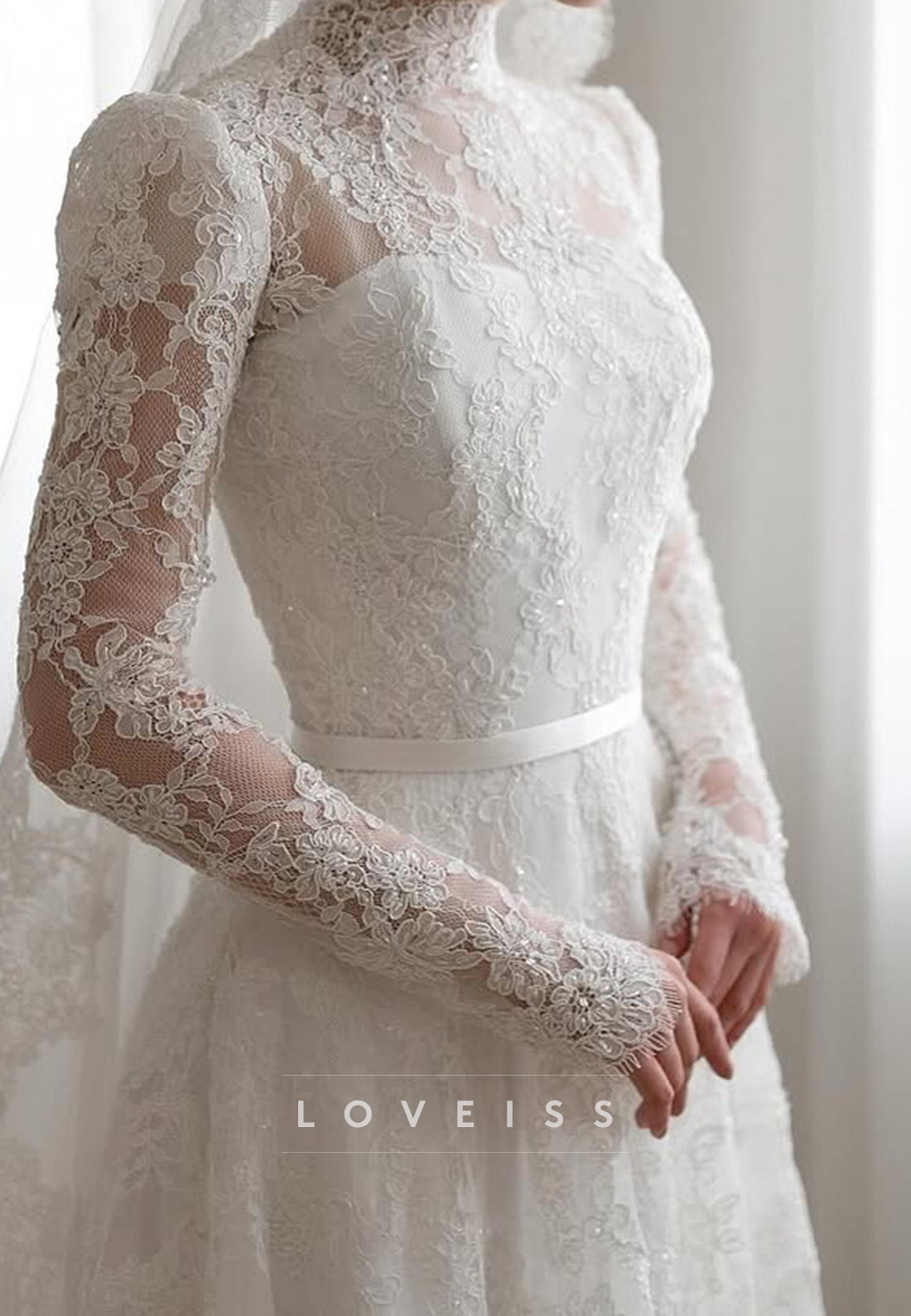High Neck Long Sleeves Lace Appliques A-Line Wedding Dress