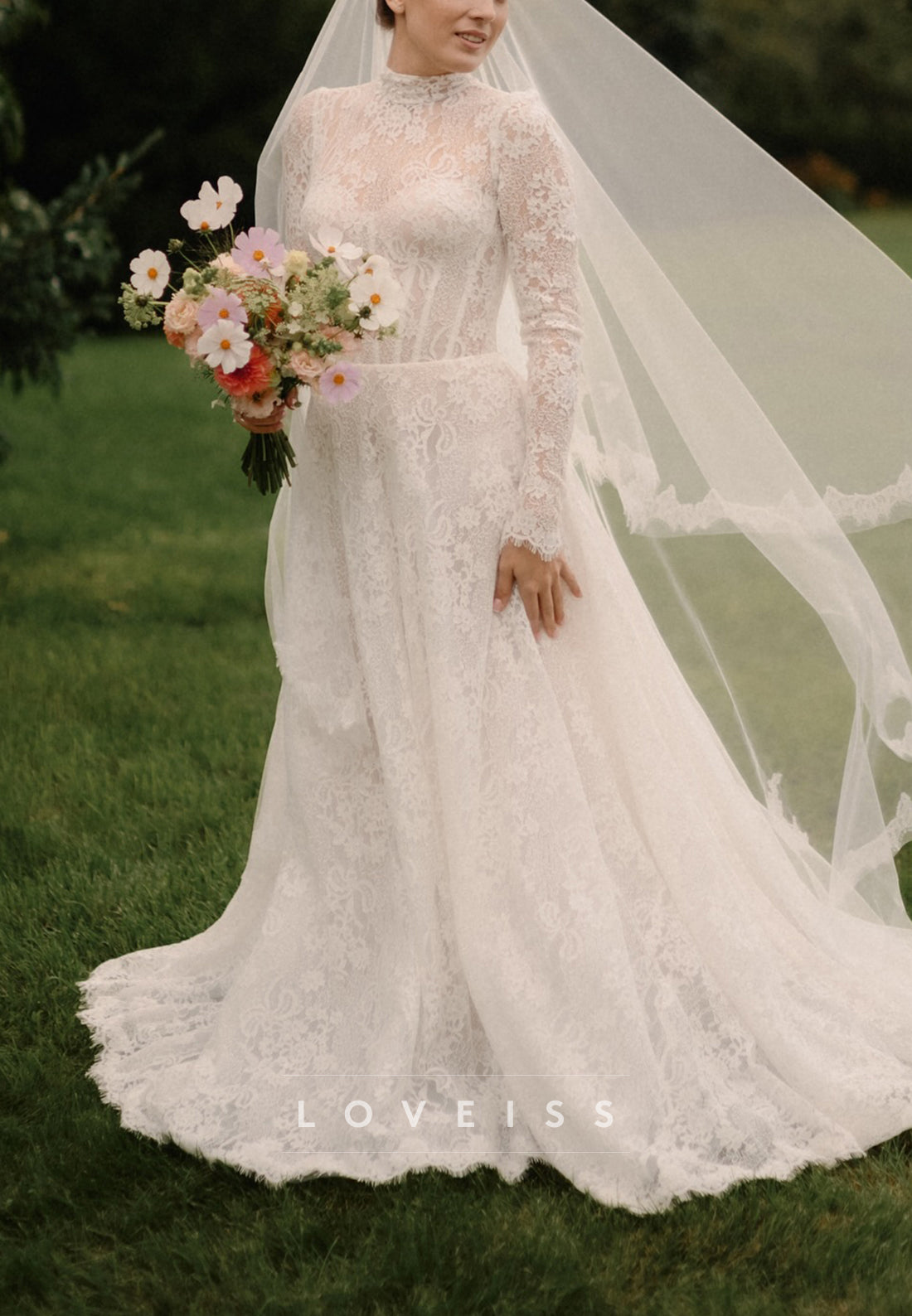High Neck Long Sleeves Lace Appliques A-Line Wedding Dress