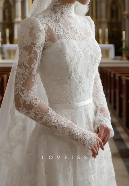 High Neck Long Sleeves Lace Appliques A-Line Wedding Dress