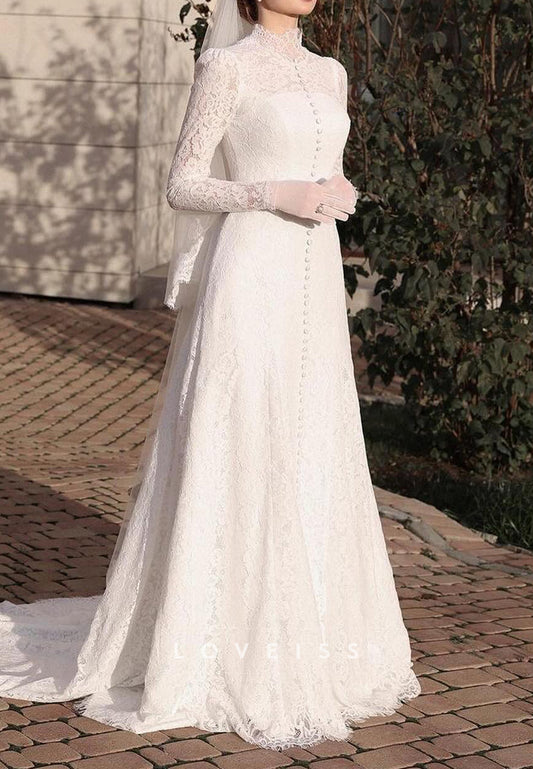 High Neck Long Sleeves Lace Appliques A-Line Wedding Dress