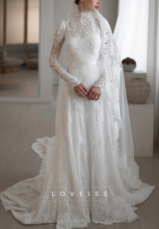 High Neck Long Sleeves Lace Appliques A-Line Wedding Dress