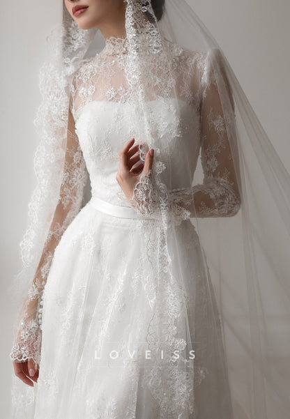 High Neck Long Sleeves Lace Appliques A-Line Wedding Dress