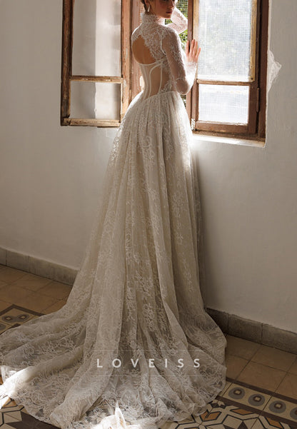 High Neck Long Sleeves Lace Appliques A-Line Wedding Dress