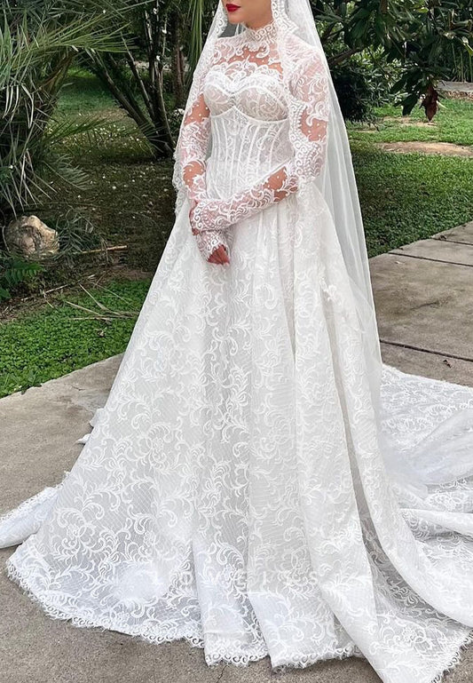 High Neck Long Sleeves Lace Appliques A-Line Wedding Dress