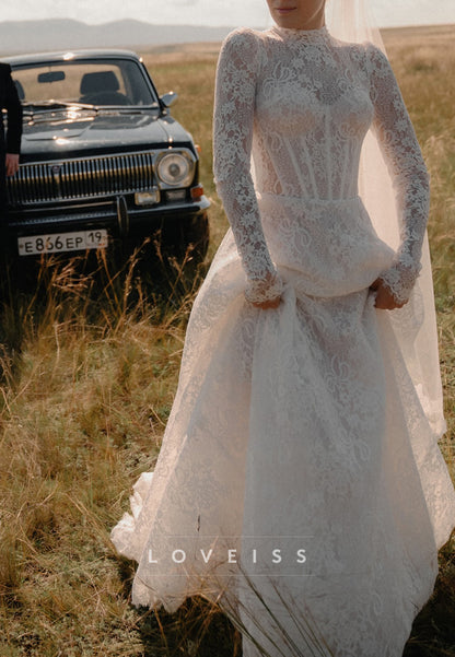 High Neck Long Sleeves Lace Appliques A-Line Wedding Dress