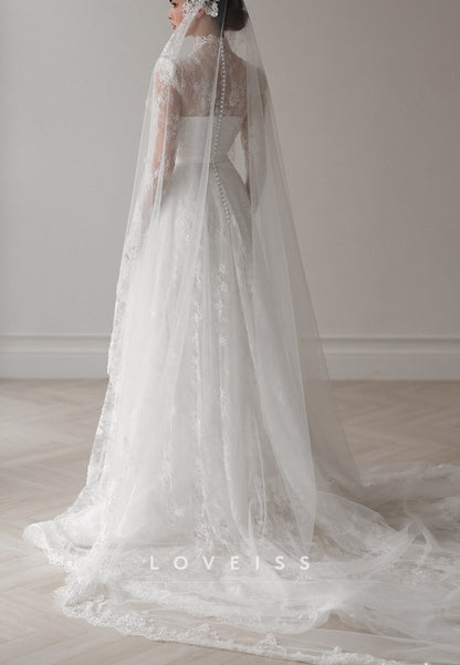 High Neck Long Sleeves Lace Appliques A-Line Wedding Dress