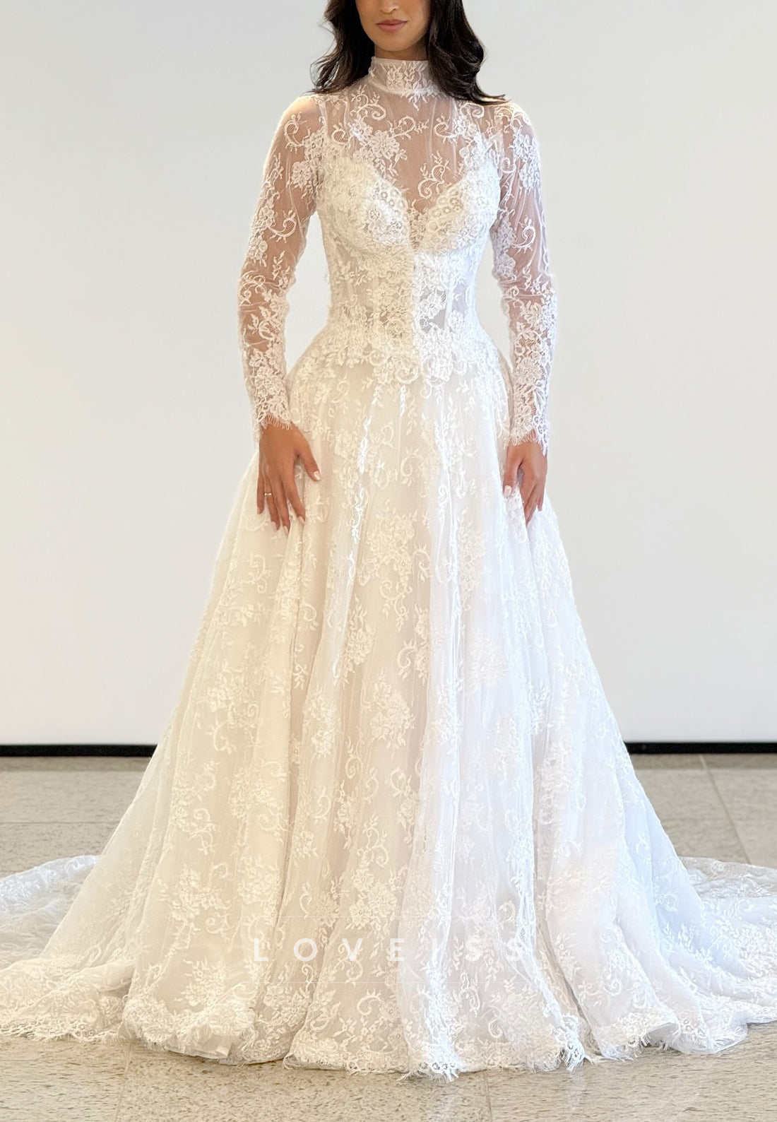 High Neck Long Sleeves Lace Appliques A-Line Wedding Dress