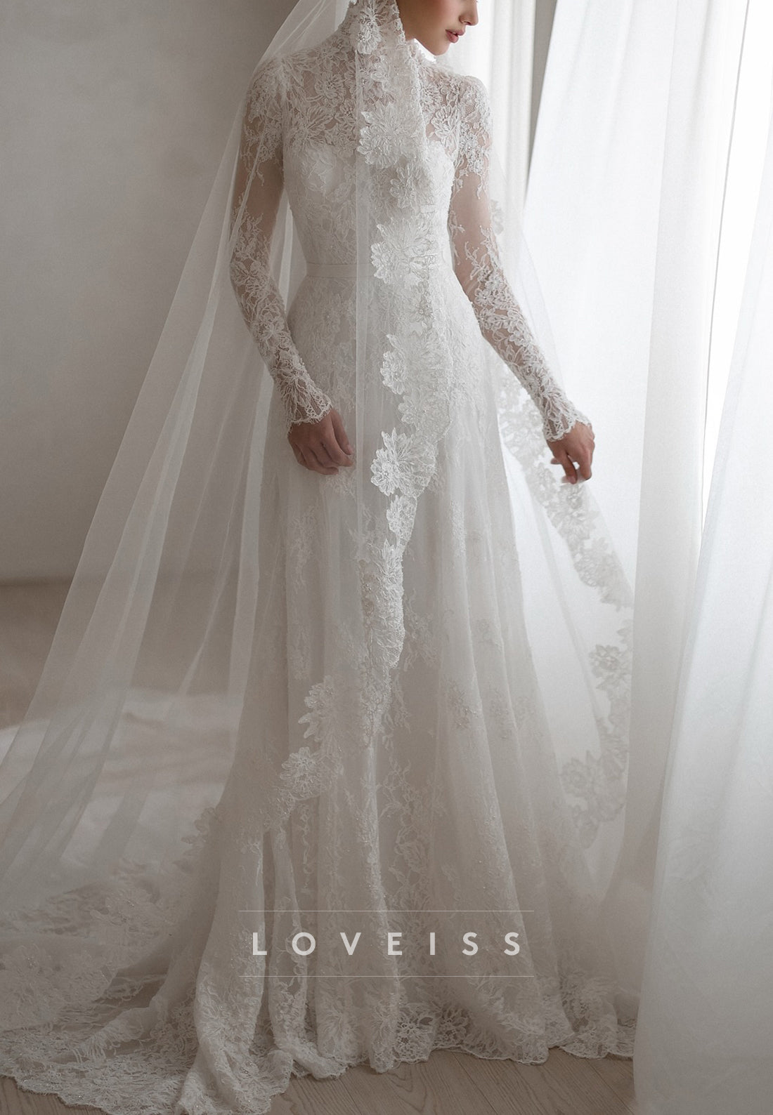 High Neck Long Sleeves Lace Appliques A-Line Wedding Dress