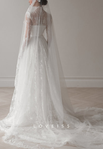 High Neck Long Sleeves Lace Appliques A-Line Wedding Dress