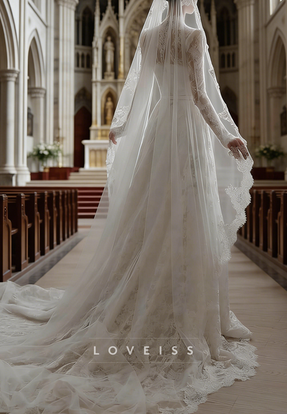 High Neck Long Sleeves Lace Appliques A-Line Wedding Dress