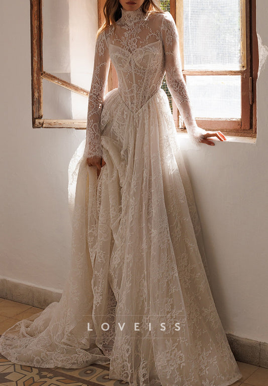 High Neck Long Sleeves Lace Appliques A-Line Wedding Dress