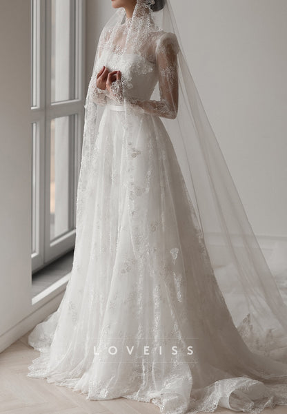 High Neck Long Sleeves Lace Appliques A-Line Wedding Dress