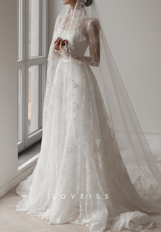 High Neck Long Sleeves Lace Appliques A-Line Wedding Dress