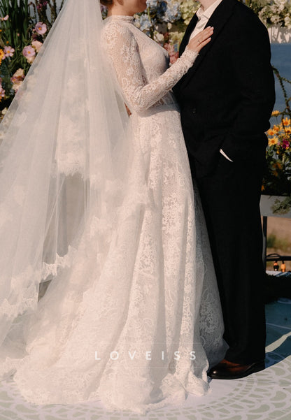 High Neck Long Sleeves Lace Appliques A-Line Wedding Dress