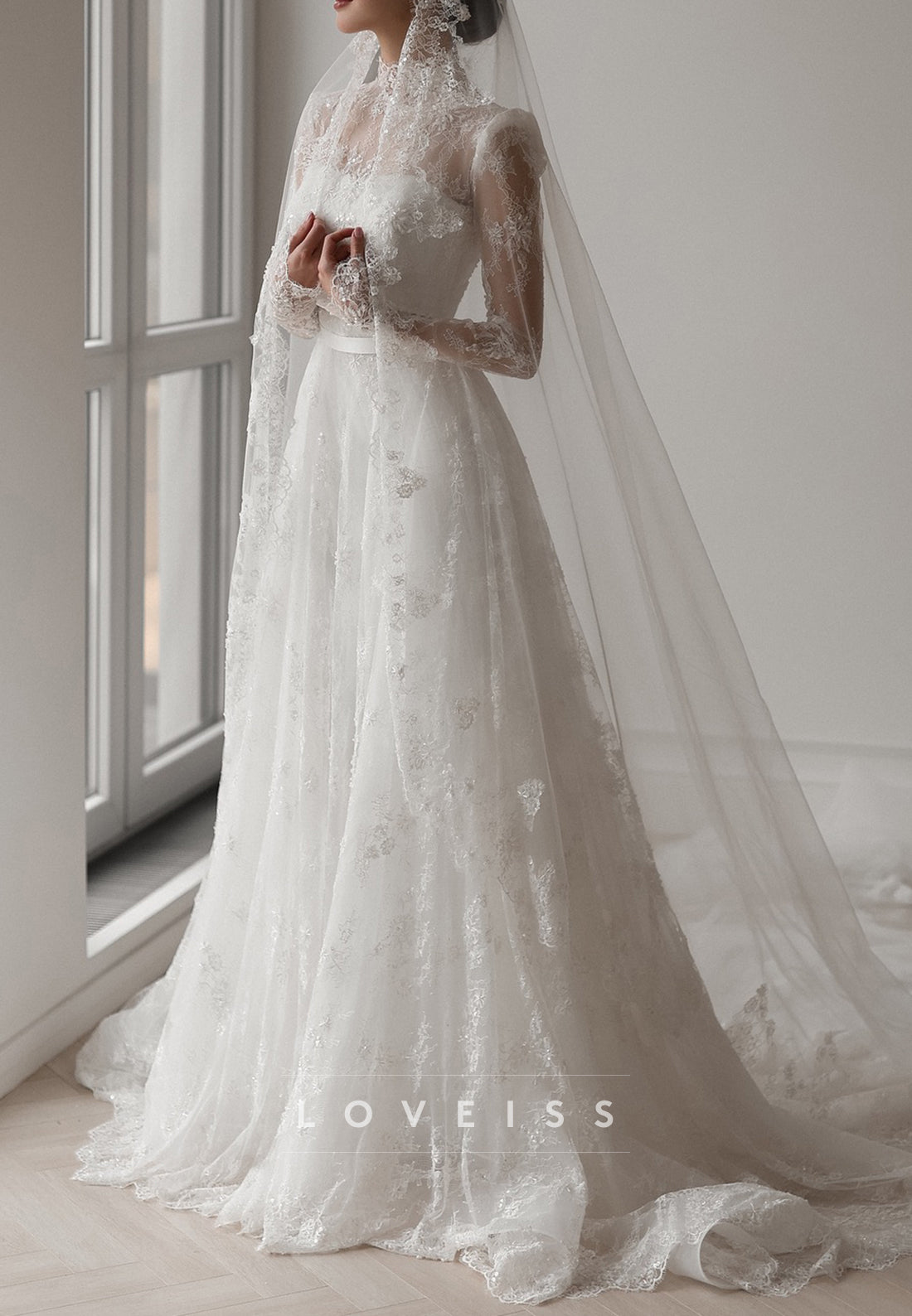 High Neck Long Sleeves Lace Appliques A-Line Wedding Dress