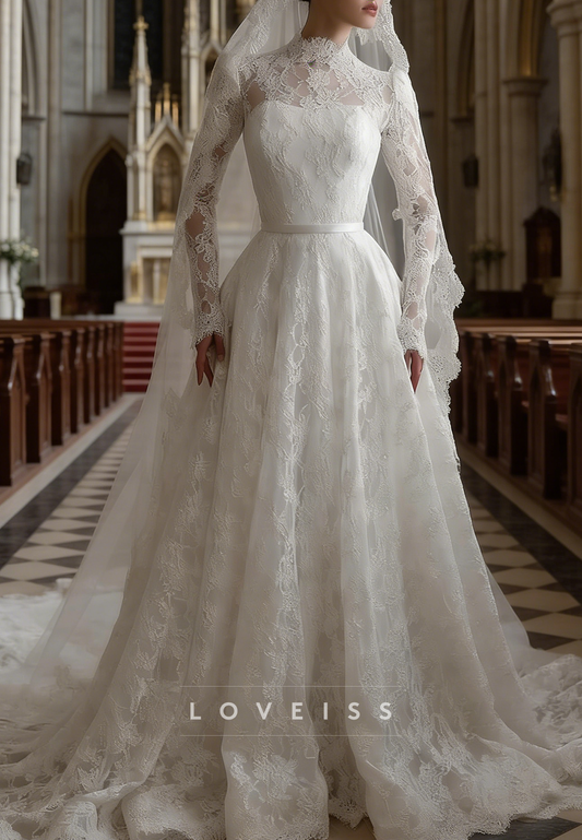 High Neck Long Sleeves Lace Appliques A-Line Wedding Dress